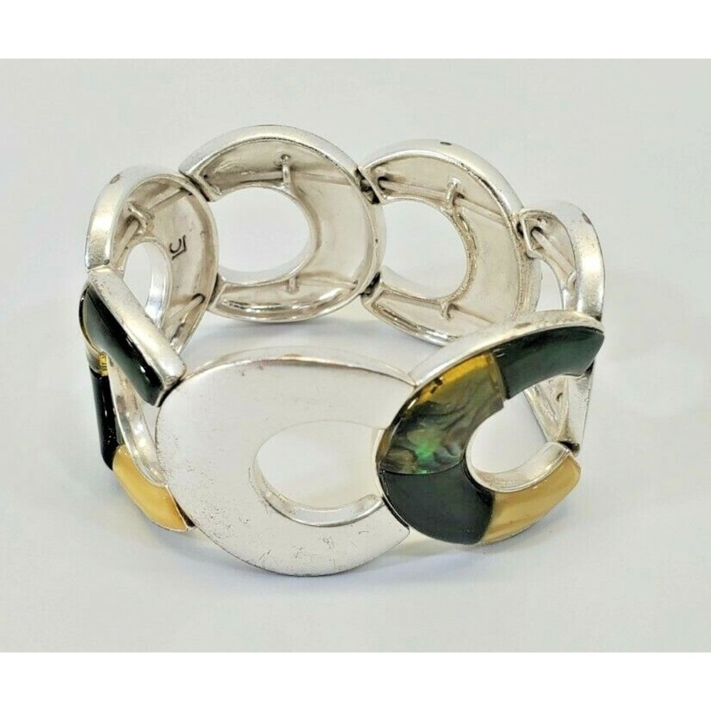 Liz Claiborne Silvertone Simulated Abalone Stone Stretch Bracelet Jewelry EUC